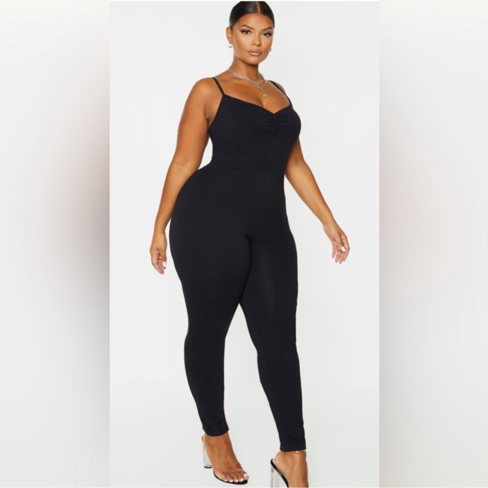 PrettyLittleThing Plus Black cotton ruched bust jumpsuit